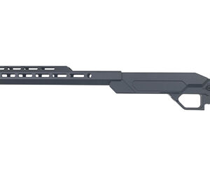 Long, futuristic rifle with a perforated barrel and angular, ergonomic grip.