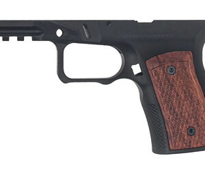 Side view of a semi-automatic pistol with a wood-grain grip and textured handle.