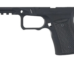 Disassembled pistol frame with textured grip and trigger guard, shown without slide or barrel.