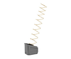 Gray handheld staple gun with a long, zigzagging golden spring extending upward.