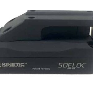 Black quick-release mounting clamp with a sliding jaw and side lever, labeled KINETIC SDEL0K (patent pending).