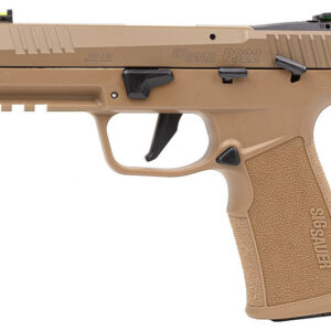Tan Sig Sauer P322 semi-automatic pistol with a textured grip shown in side view (caliber .22 LR).