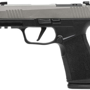 Side view of a compact semi-automatic pistol with a gray slide and textured black grip.