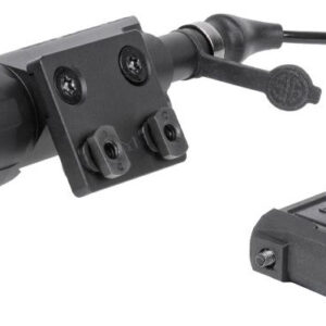 Bike headlight with an adjustable mounting bracket and a wired battery/connector panel attached to a slim cord.
