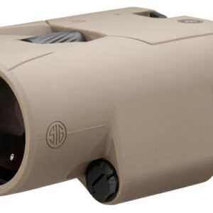 Beige binoculars with dual front lenses and a black eyepiece, showing a SIG logo.