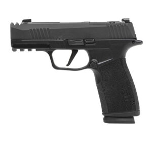 Black semi-automatic handgun in right-side profile with textured grip, trigger guard, and accessory rail.