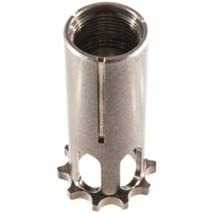 Cylindrical metal component with internal threads and a gear-shaped base with cutouts at the bottom edge.