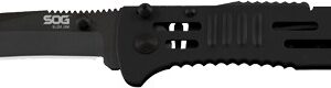 SOG black tactical folding knife with serrated edge and pocket clip