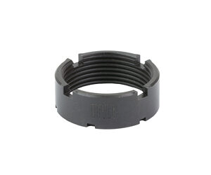 Black plastic threaded adapter ring with inner threads, viewed from above. Used to attach accessories to a compatible device (camera gear).