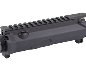 Black AR-style rifle upper receiver with a long Picatinny rail on top and a threaded barrel extension at the front.