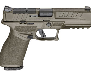 Tan polymer-frame semi-automatic pistol with an accessory rail and mounted optic, viewed from the left