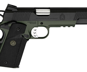 Side view of a green-frame, black-slide semi-automatic pistol with a textured grip