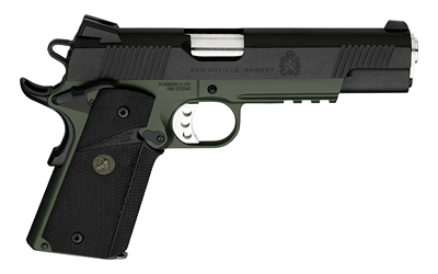 Side view of a green-frame, black-slide semi-automatic pistol with a textured grip