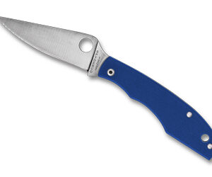 Open folding knife with a blue handle and stainless steel blade.