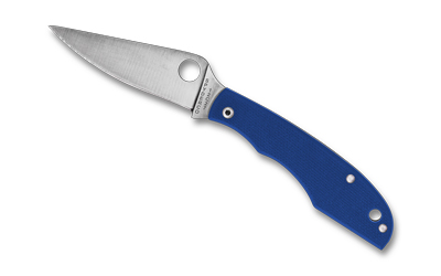Open folding knife with a blue handle and stainless steel blade.
