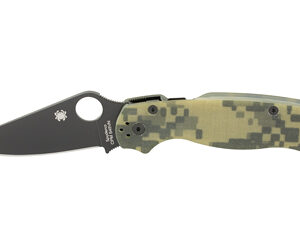 Open folding knife with a black blade and digital camouflage handle.