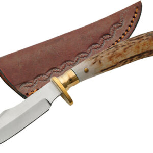 Fixed-blade hunting knife with an antler handle and brass guard beside a brown leather sheath.