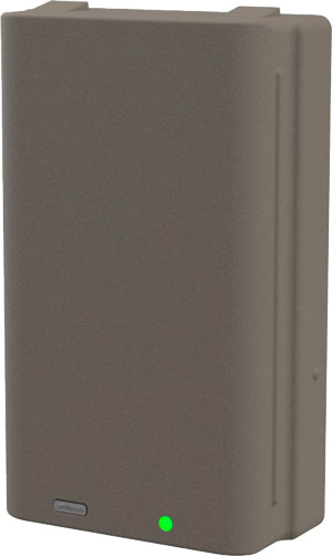 Tall, brown rectangular electronic device standing upright with a small green status LED near the bottom.