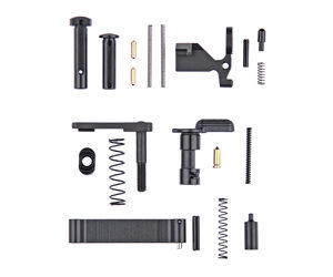 Assorted small hardware parts—pins, springs, rods, and plastic components—laid out on a white background in a grid arrangement.
