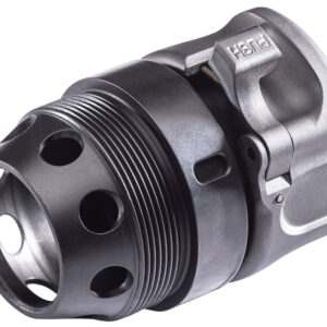 Close-up of a gray threaded metal firearm muzzle brake with vent holes and a PUSH lever