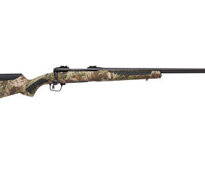 Camouflage-pattern bolt-action hunting rifle with a long barrel and black buttstock