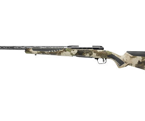 Desert camouflage bolt-action rifle with scope and black recoil pad.
