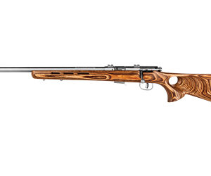 Bolt-action rifle with a polished wooden stock and long steel barrel, shown in profile.