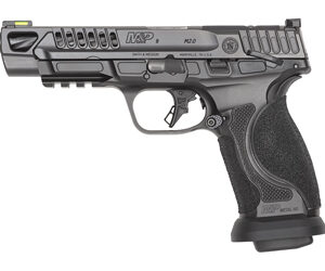 Side view of a black semi-automatic pistol with a textured grip and accessory rail.