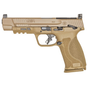 Side view of a tan Smith & Wesson M&P 2.0 semi-automatic pistol with textured grip