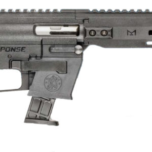 Modern semi-automatic rifle with adjustable stock, polymer grip, and long ventilated handguard railings.
