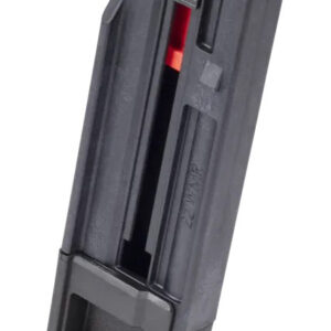 Black handgun magazine with orange follower and extended baseplate visible from the side.