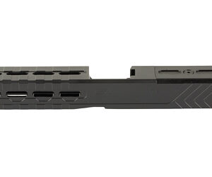 Black pistol slide with side ventilation slots and top mounting rail on a white background.