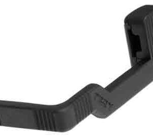 Black plastic strap buckle with interlocking ends for adjusting a backpack or bag strap.