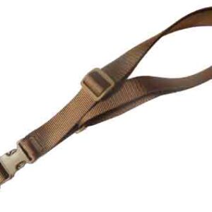 Brown adjustable shoulder strap with metal clips and a buckle.