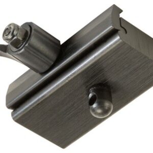 Close-up of a black metal sliding bolt latch with a curved striker for securing a door or panel.