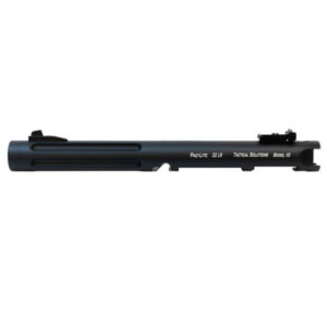 Black rifle barrel assembly with front sight and markings, matte finish