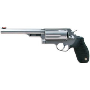 Silver revolver with long barrel and black grip, isolated on white background.