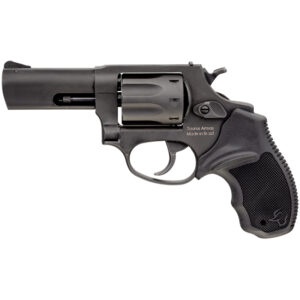 Black compact revolver shown in profile with a short barrel and textured grip, facing left.