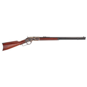 Lever-action rifle with wooden stock and engraved receiver, pointing to the right on a white background.