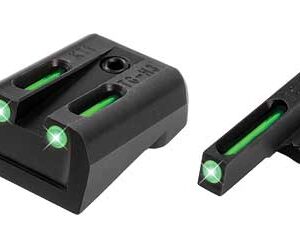 Pair of black fiber-optic gun sights with green glowing dots (front and rear sights).