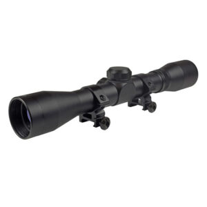 Black rifle scope with two mounting rings and adjustable turrets on a white background.