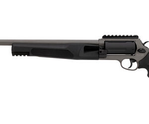Long-barreled black handgun with a top Picatinny rail and ergonomic grip, facing left.