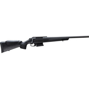 Bolt-action rifle with black synthetic stock and long barrel on white background, isolated image.