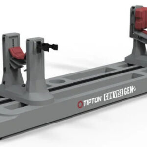 Gray gun vise with dual adjustable clamps and red knobs on a long base, used to hold a rifle for maintenance or gunsmithing.