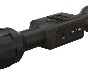 Black rifle scope with adjustment dials in the center and two lens ends, used to help aim at distant targets.