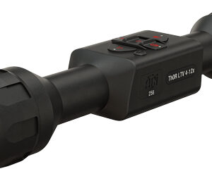 Black compact rifle scope with digital controls on top and a gold objective lens for low-light aiming.