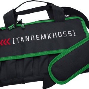 Black and green tactical range bag with the logo 'TANODEMKROSS', featuring multiple zippered pockets, carrying handles, and an adjustable shoulder strap.