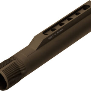 Brown metal rifle muzzle brake with side vents and a threaded end; 'Made in USA' text visible on the side.