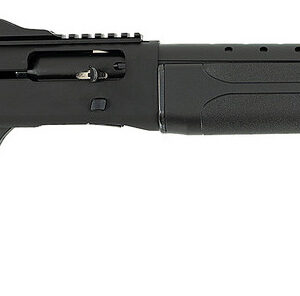 Side view of a black semi-automatic shotgun with a synthetic stock and long barrel on a white background.
