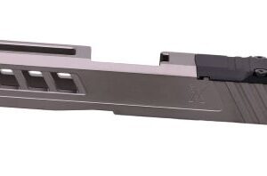 Side view of a gray pistol slide with cutouts and an optic mounting rail on top.